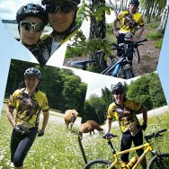 Foto-Collage: Stomaträger unterwegs auf dem Mountain-Bike zeigt seinen Beutel am Bauch