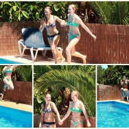 Foto: Stomaträergin im Bikini hat mit Beutel am Bauch Spaß im Pool